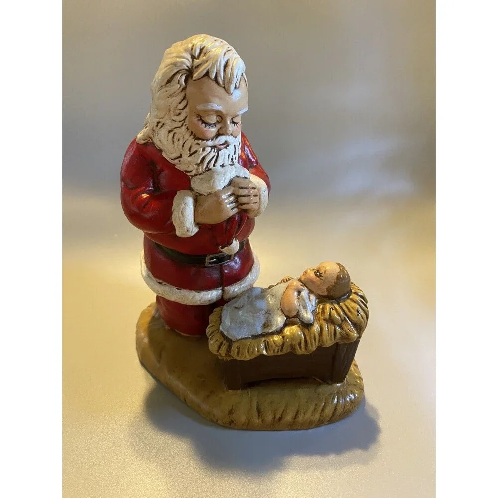 VTG 1984 Provincial Ceramic Mold Santa Claus Kneeling Over Baby Jesus Figurine